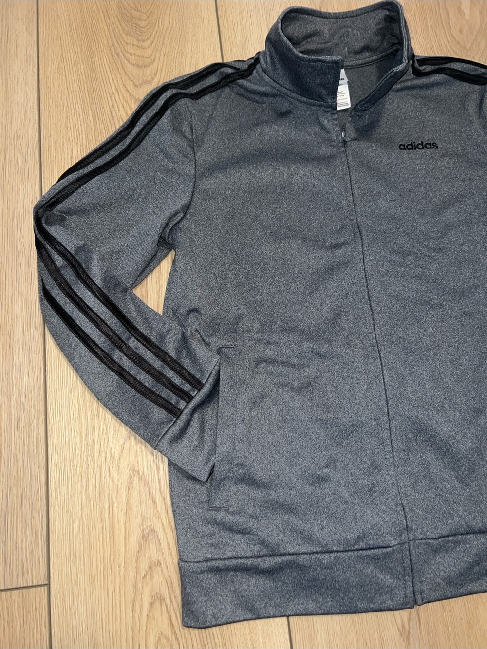 adidas Kid’s Gray Full-Zip Track Jacket with Black Stripes - Picture 4 of 11